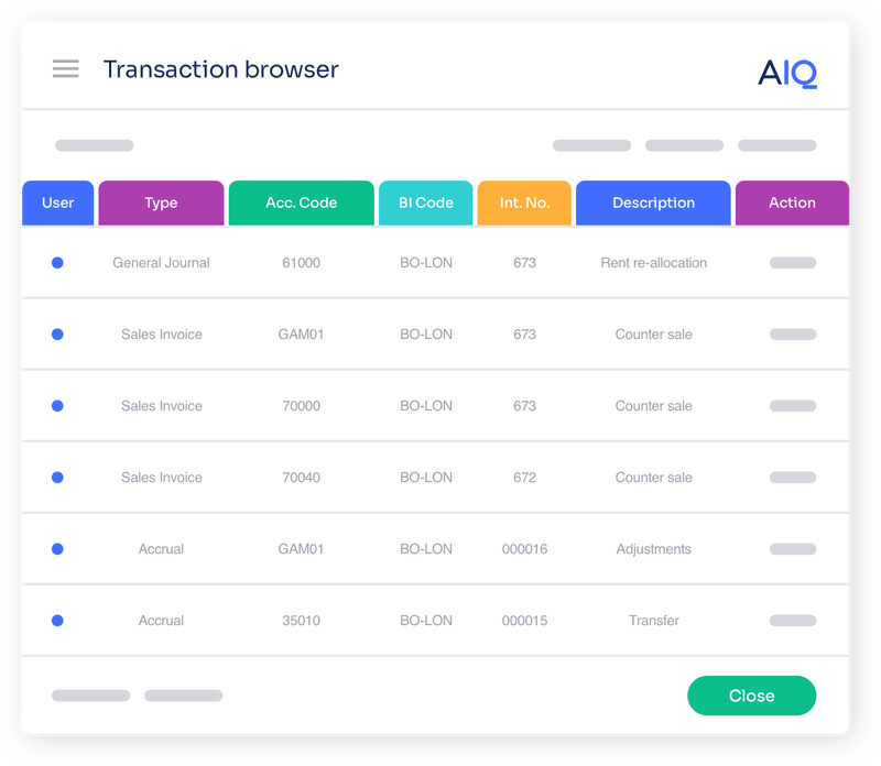 Transaction browser with GL and BI codes